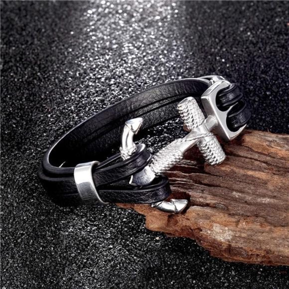 Double Layer Black Leather Bracelet for Men - Picture 6 of 6